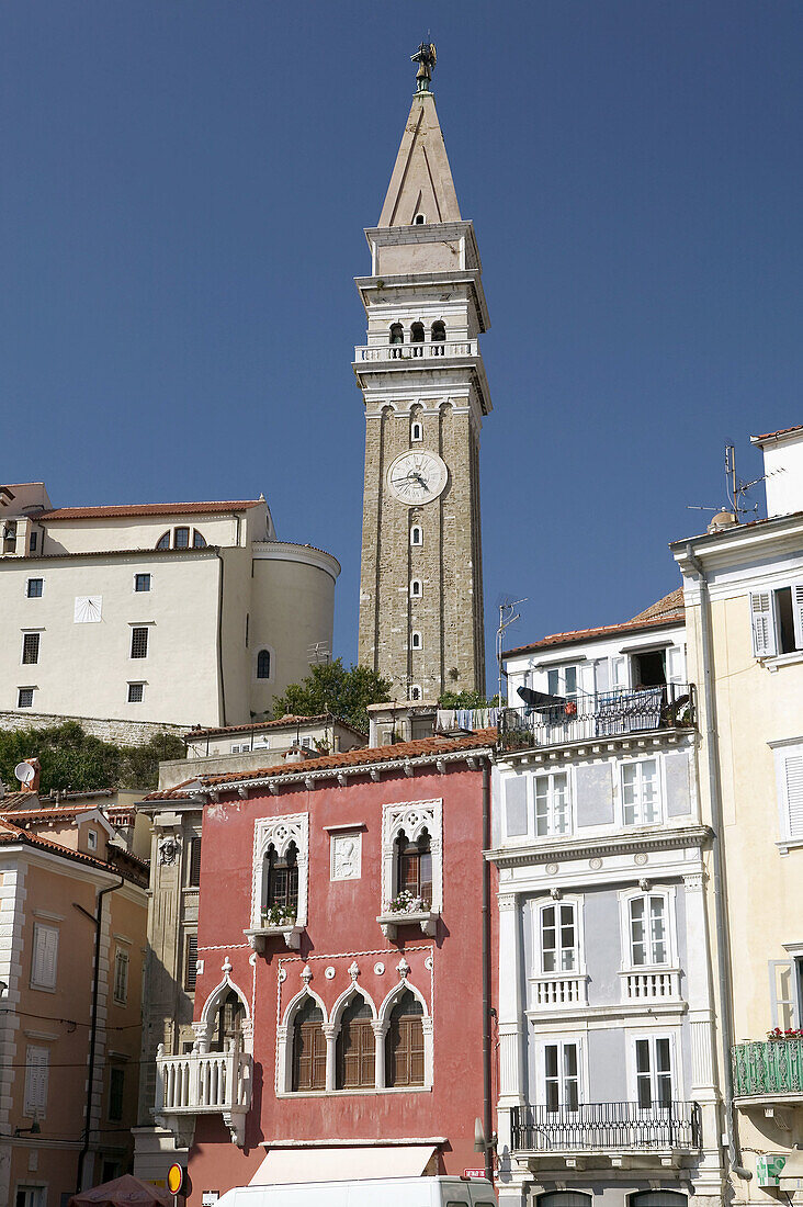 Tartinijev Trg Square. Venetian House (pink) & Church of St. George Tower. Piran. Primorska. Slovenia.