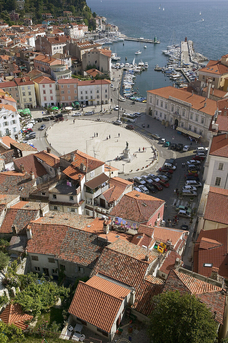 Town & Tartinijev Trg Square Viewed from Church of St. George Tower. Piran. Primorska. Slovenia.