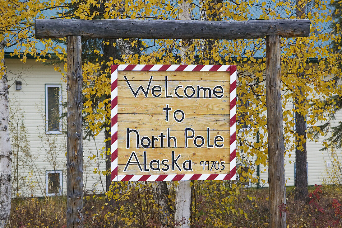 Christmas Themed Alaskan Town. Town Welcome Sign. North Pole. Interior. Alaska. USA.
