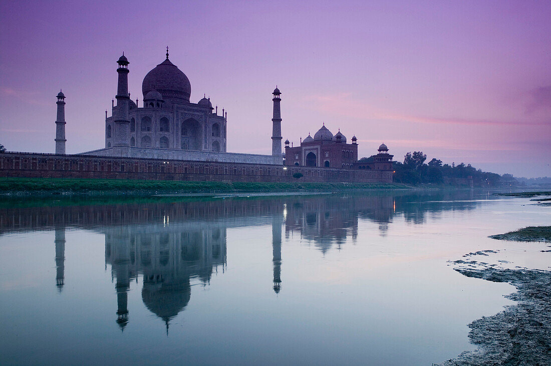 Taj Mahal. Seen from the East along the Yamuna River. Dusk. Uttar Pradesh. Agra. India.