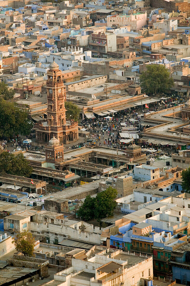 View of Clock Tower and Sadar Market from Meherangarh Fort. Jodhpur. Rajasthan. India.