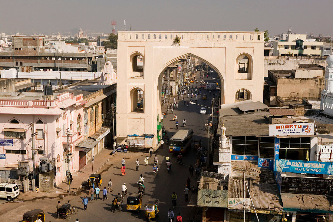 City Gate to Old Town viewed from Charminar Tower. Hyderabad. Andhra Pradesh. India.