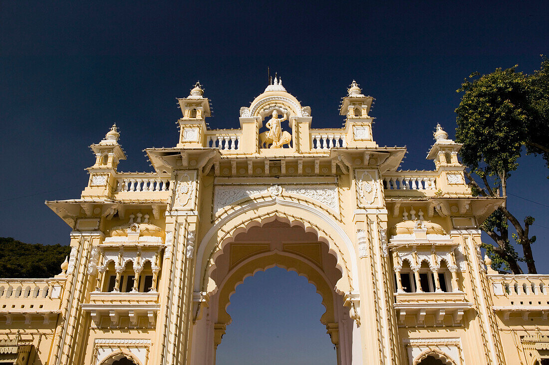 Majaraja s Palace (b.1912-Henry Irwin, British Architect). South Palace Gate. Mysore. Karnataka. India.