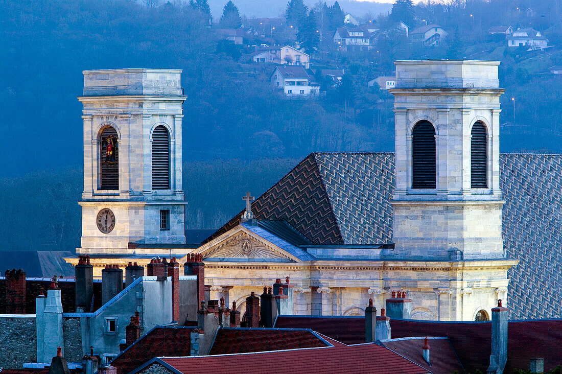 Eglise Ste-Madeleine from Fort Griffon. Evening. Besançon. Doubs. Jura. France.