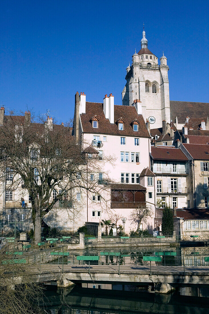 Town View with Collegiale Notre Dame Church (16th century) from the Canal Rhone au Rhin. Dole. Jura. France.
