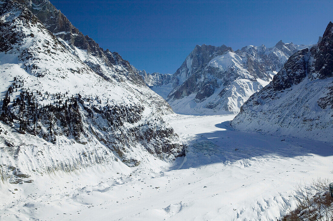 Le Montenvers. Winter. View of Mer de Glace Glacier. Chamonix. Mont-Blanc. Haute-Savoie. French Alps. France.