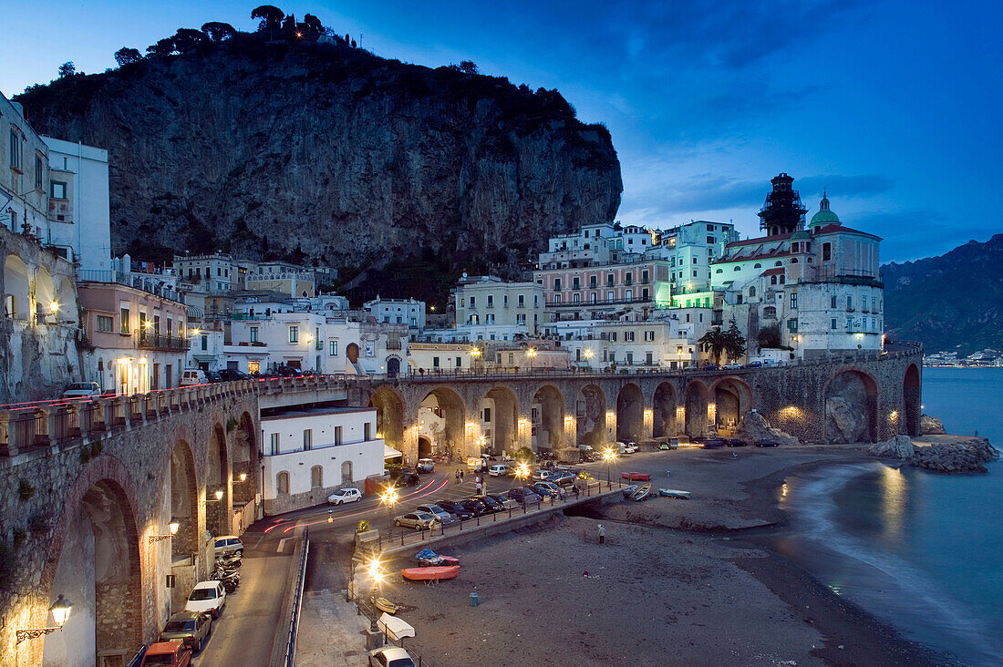 Evening Town View. Atrani. Amalfi coast. Campania. Italy.