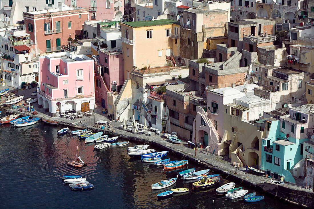 Town view of Corricella port. Procida. Bay of Naples. Campania. Italy.