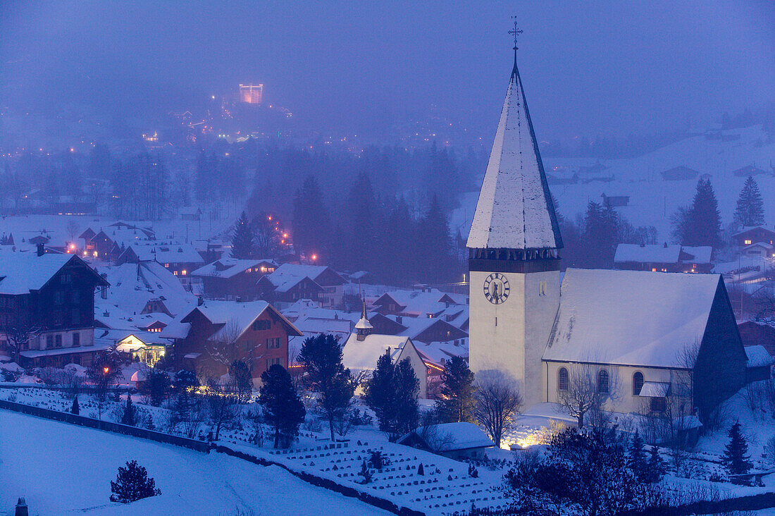 Town Church / Winter / Evening. Saanen (Area around Gstaad). Bern. Switzerland.