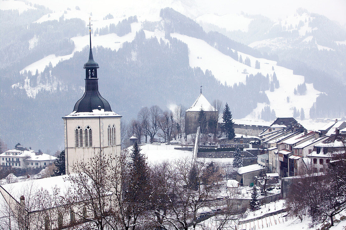 Upper Town Church View from Gruyeres Castle / Winter. Gruyeres. Fribourg. Switzerland.