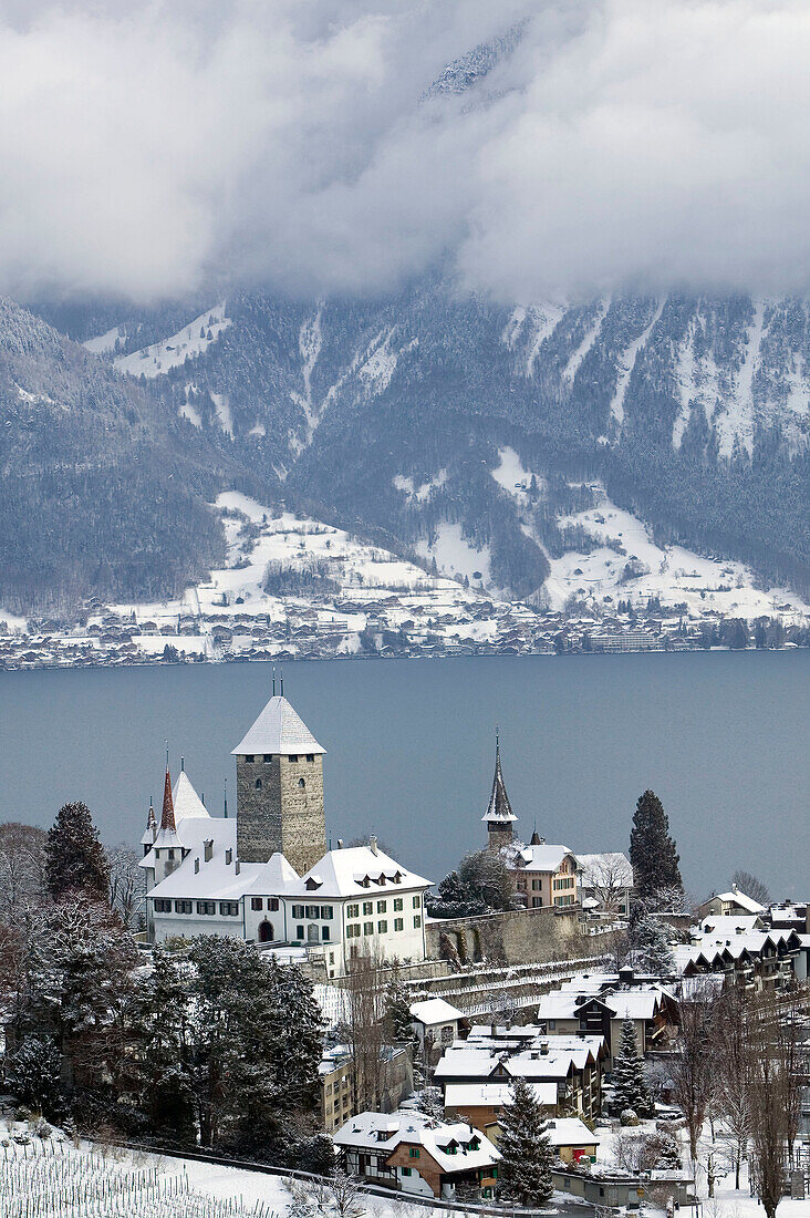 Town Castle (13th century) & Lake Thun / Winter. Spiez. Bern. Switzerland.