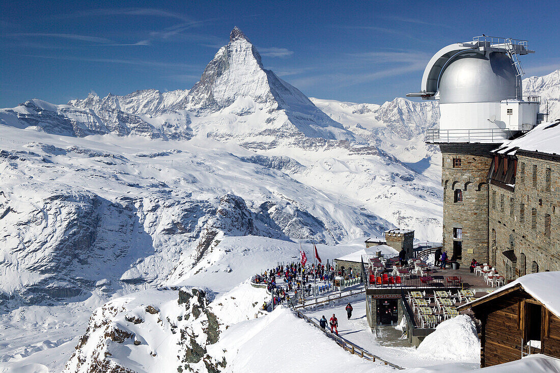 Gornergrat Kulm Hotel and Restaurant & Matterhorn. Winter. Gornergrat Mountain (el.3089 meters). Zermatt. Valais-Wallis. Switzerland.