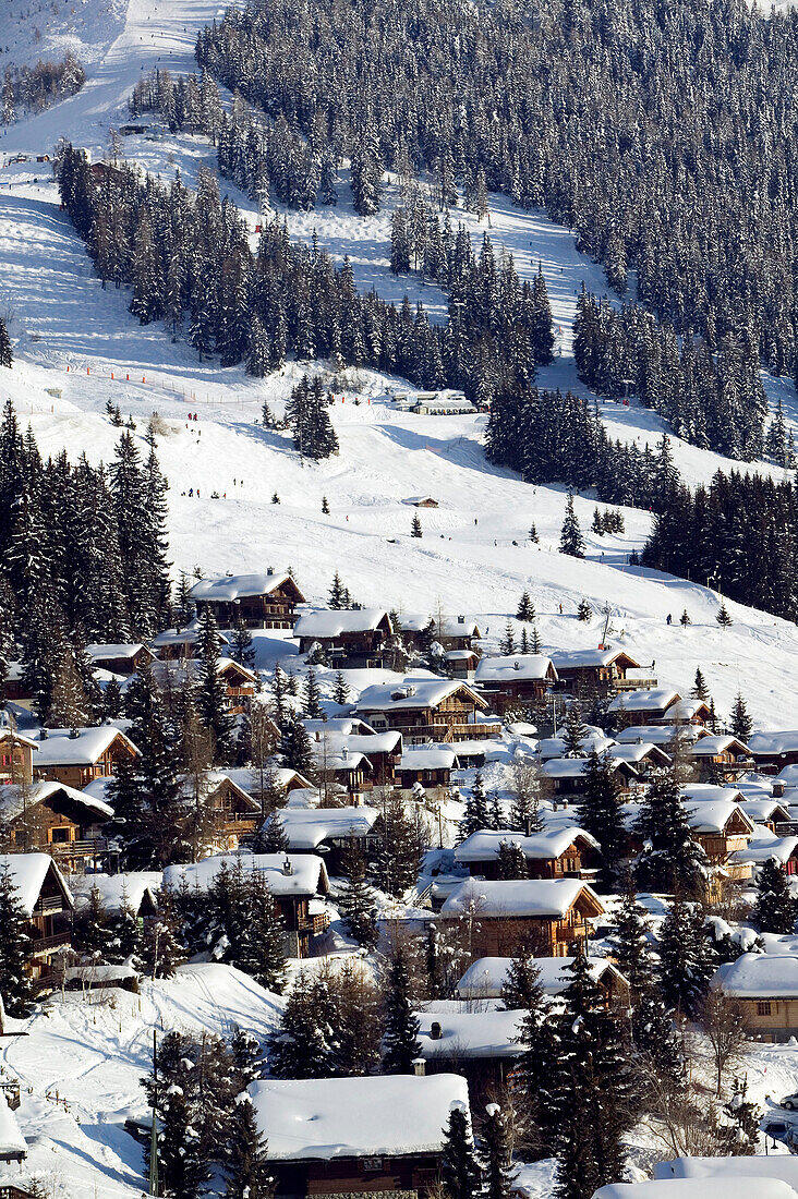 Ski Resort. Winter. Town & Ski Chalet View. Daytime. Verbier. Valais/Wallis. Switzerland.