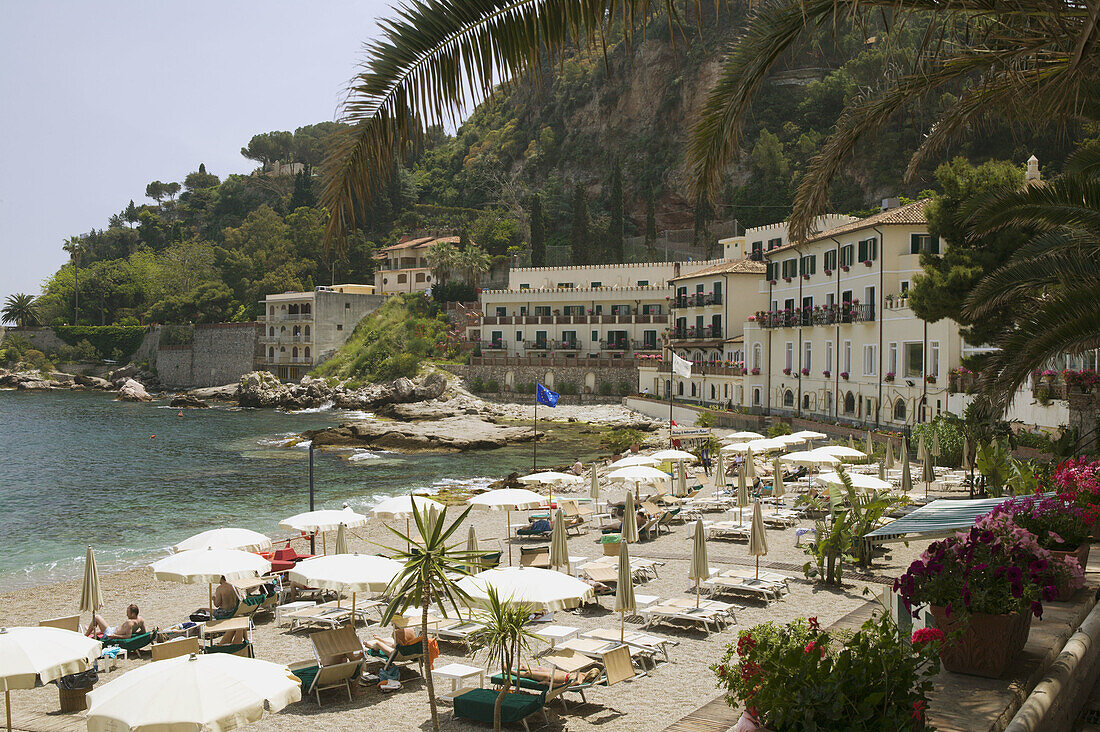 View of the Lido Mazzaro Beach, Taormina. Sicily, Italy