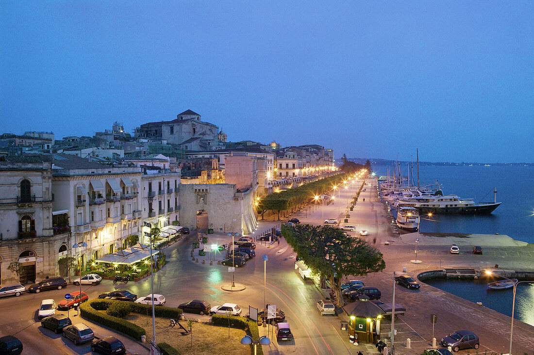 Ortygia Island in the evening: view from the Grand Hotel, Syracuse. Sicily, Italy