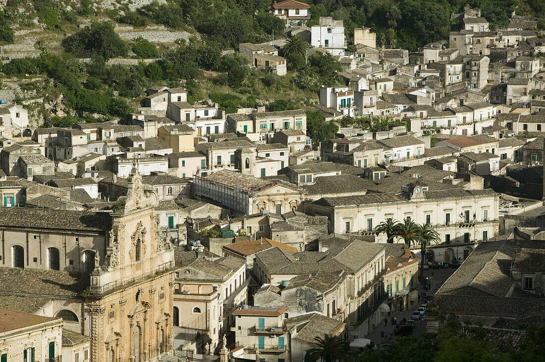 San Giorgio Church and town from the West, sunset. Modica, Province of Ragusa, Sicily, Italy