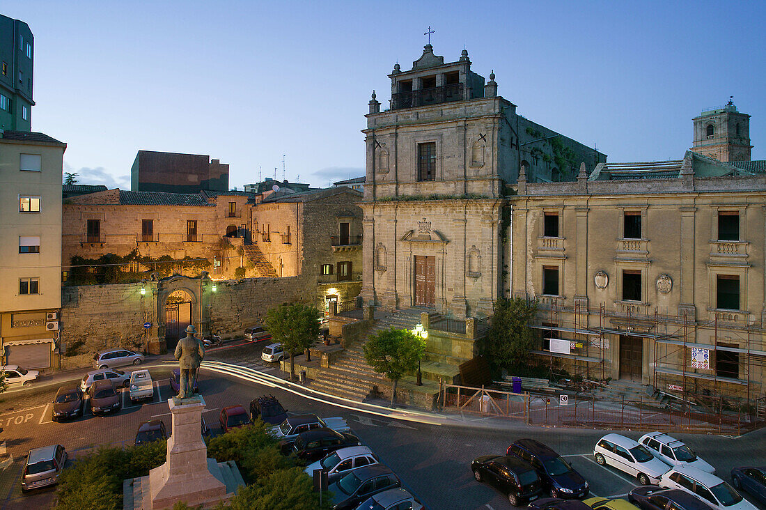 Piazza Colaianni & Santa Chiara Church from Grande Albergo Sicilia Hotel in the evening, Enna. Sicily, Italy