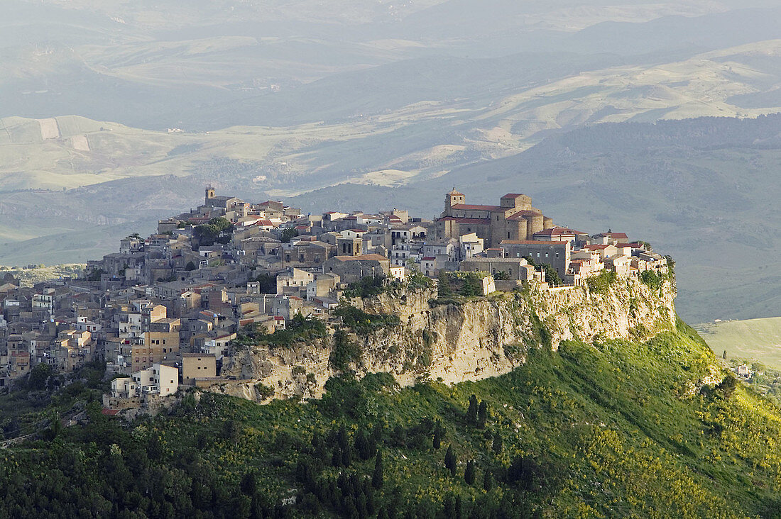 Morning View of Hill Town from Enna, Calascibetta. Sicily, Italy