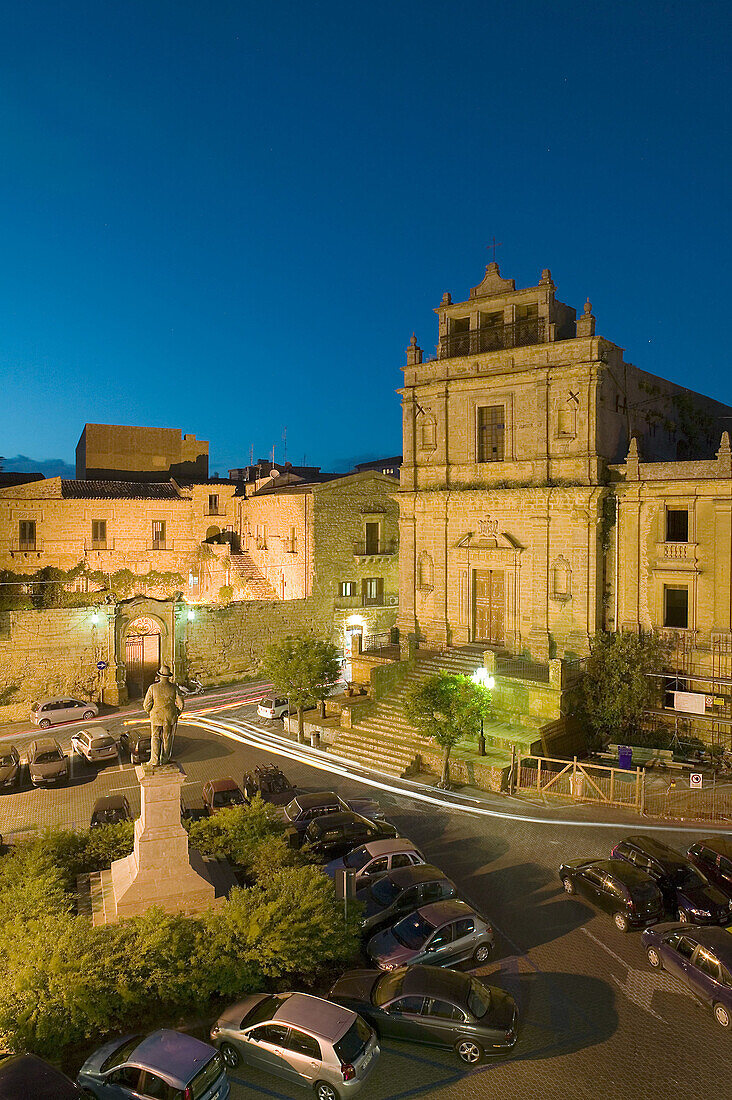 Piazza Colaianni & Santa Chiara Church from Grande Albergo Sicilia Hotel in the evening, Enna. Sicily, Italy