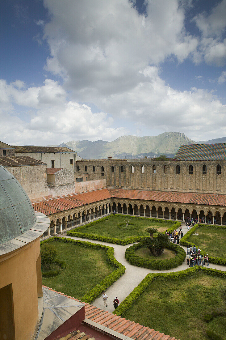 Santa Maria La Nuova Duomo (Cathedral) (12th century) -Cloister View from Roof, Monreale. Sicily, Italy