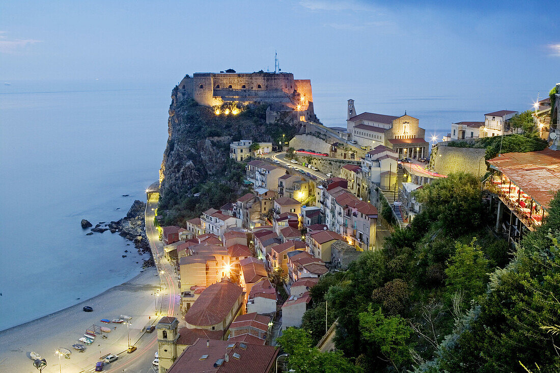 Town View with Castello Ruffo in the evening, Scilla. Calabria, Italy