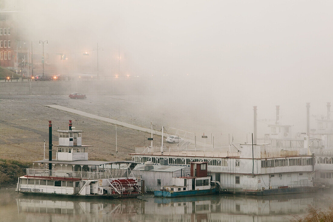 Mississippi River. Riverboats in fog from Mud Island. Memphis. Tennessee, USA