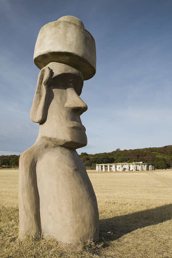 Easter Island Moai figure. Stonehenge 2 - Half scale replica. Hill Country-Hunt. Texas, USA.