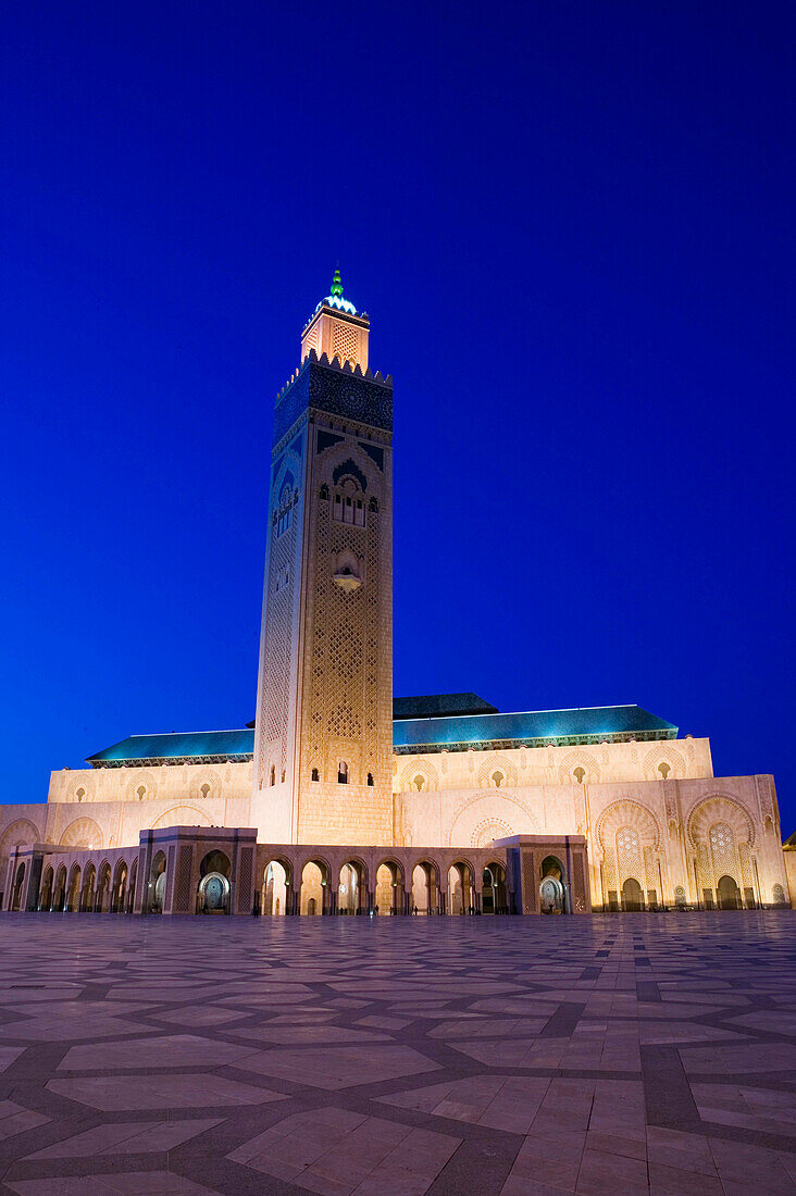 Morocco-Casablanca: Hassan II Mosque (b.1993)-Exterior / Evening. Holds 25,000 Worshipers and the minaret is 210m tall-The Tallest Minaret in the world!