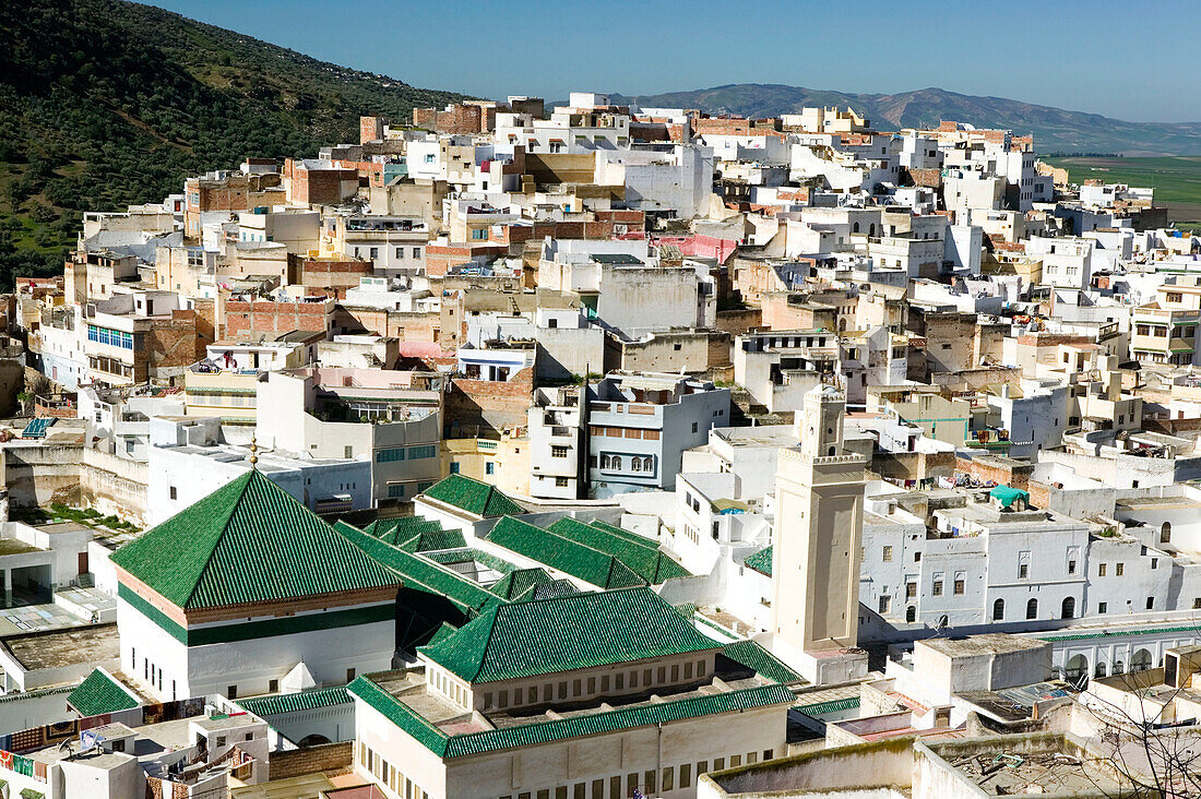 Morocco-Moulay-Idriss: Town View & the Mausoleum of Moulay Idriss, Saint and founder of Morocco s First Imperial Dynasty Late 8th century AD