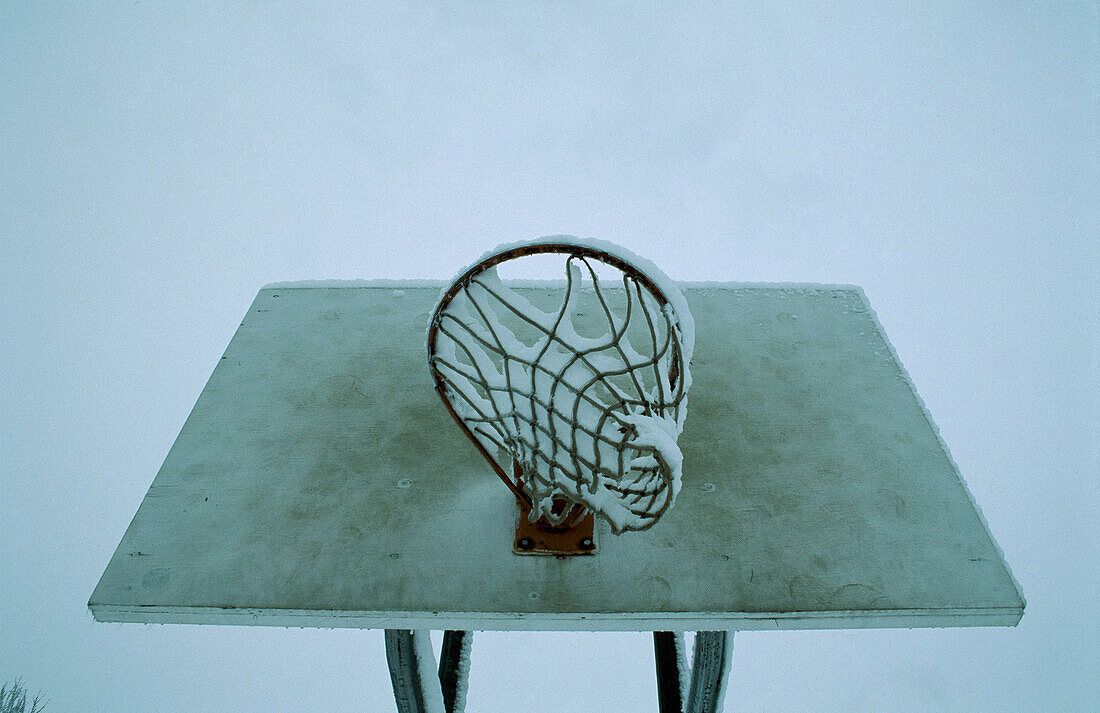 Basketball basket and backboard covered with snow