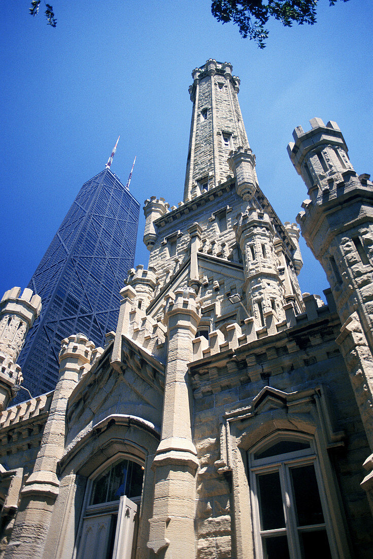 Water Tower and John Hanchock Tower in background. Chicago. Illinois, USA