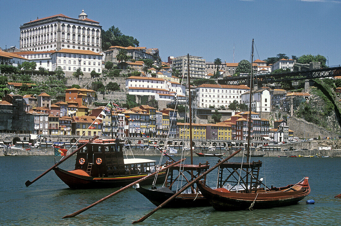 Rabelos (typical barges) on Douro river. Vila Nova de Gaia, Porto. Portugal