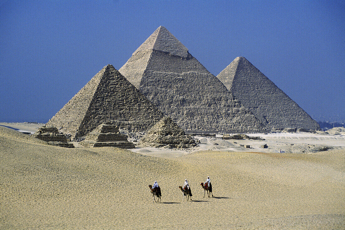 Men riding camels, Great Pyramids. Gizeh. Egypt