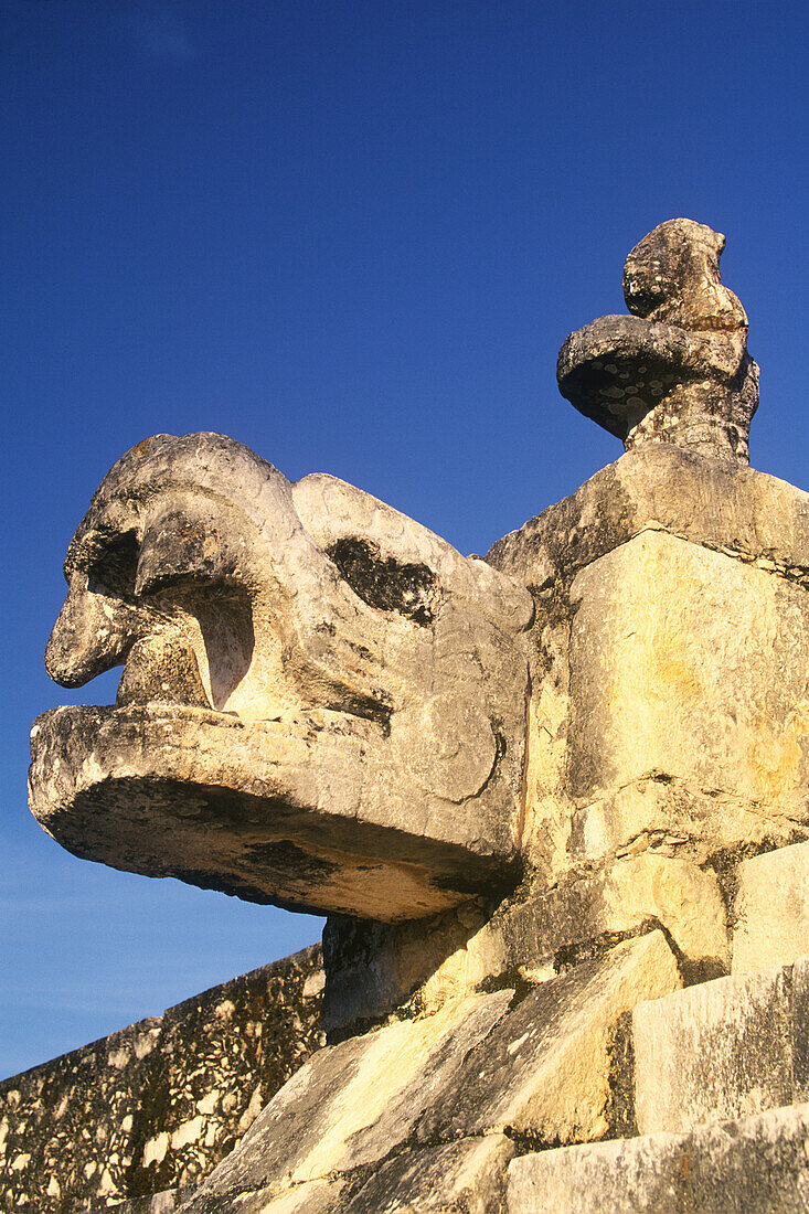 Jaguar head at Temple of the Warriors, Chichén Itzá. Mexico