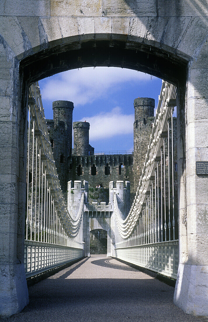 Suspension bridge, Conwy Castle. Gwynedd county. Wales. UK