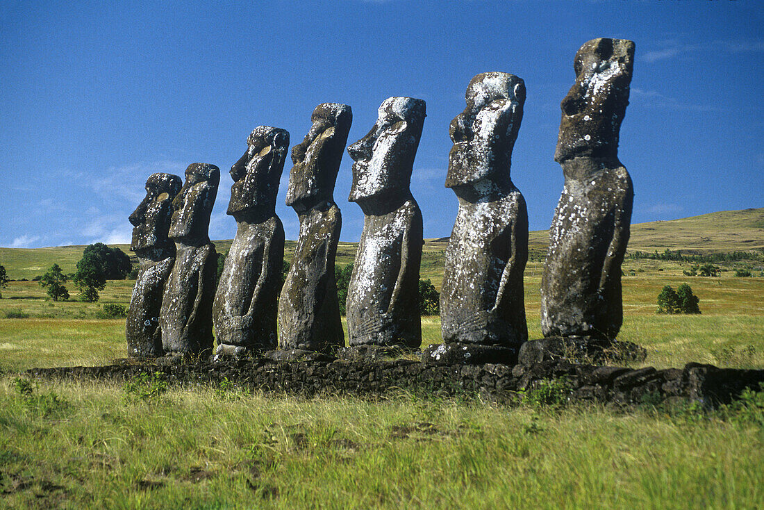 Moais at Ahu Akivi, Easter Island. Chile