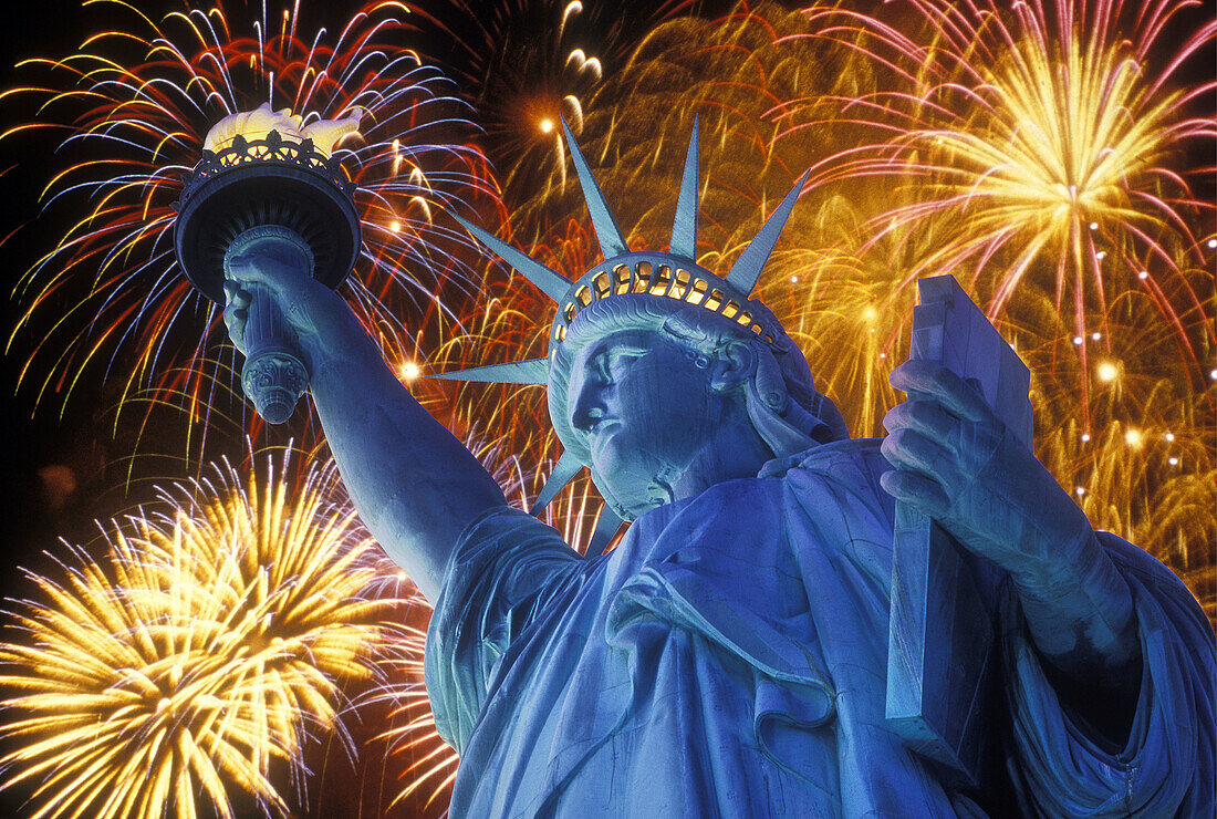 Fireworks over the Statue of Liberty, NY. USA