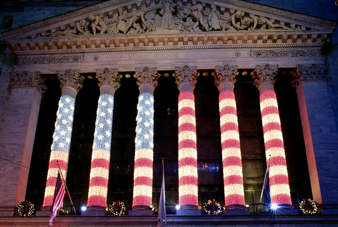 Holiday decorations on the New York Stock Exchange building. New York City. USA