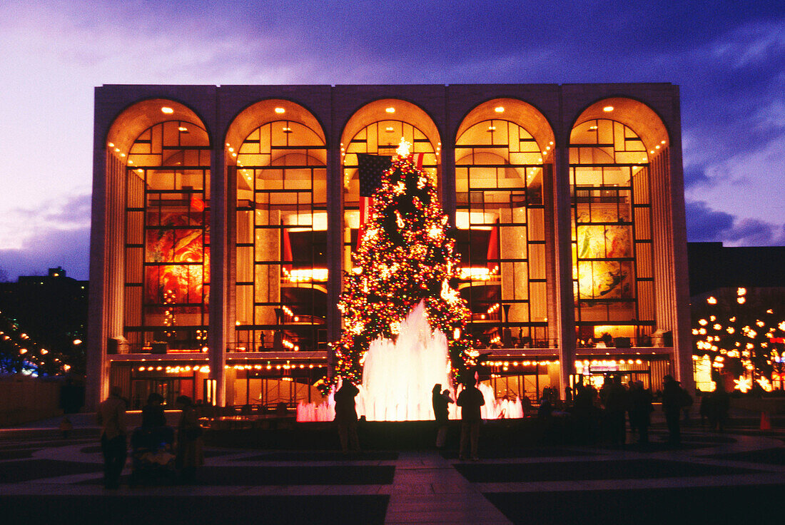Holiday decorations on the plaza at Lincoln Center. New York city. USA