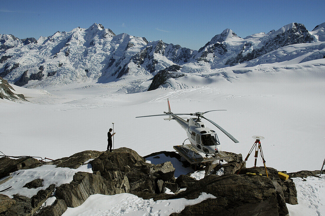 Terrain survey by GPS equipment at the head of the Tasman Glacier, Mt Cook National Park, New Zealand