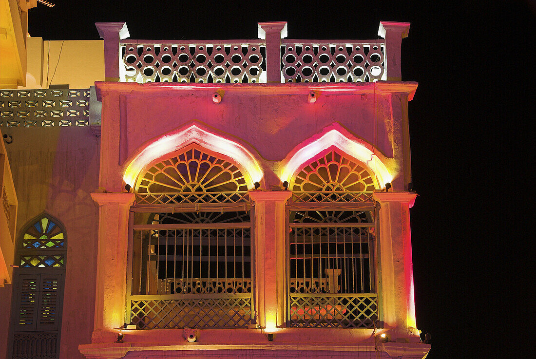 Early Portugese architecture, lit up at night in Mutrah, Muscat, Oman