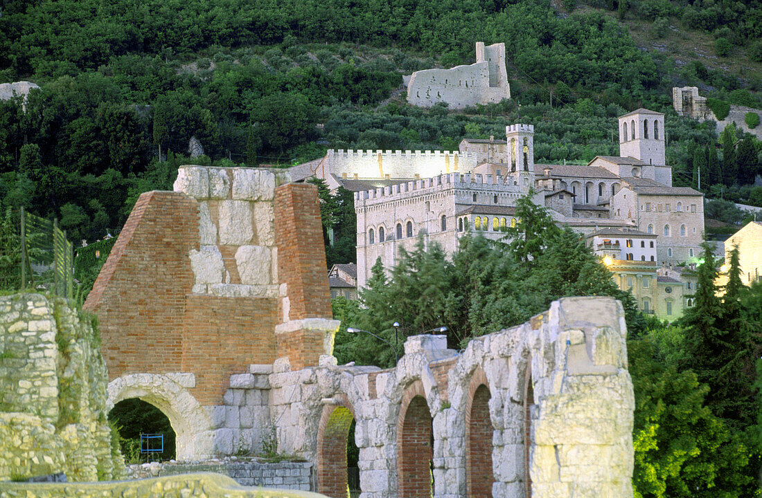 Roman teatre and Palazoo dei Consoli. Gubbio. Umbria. Italy