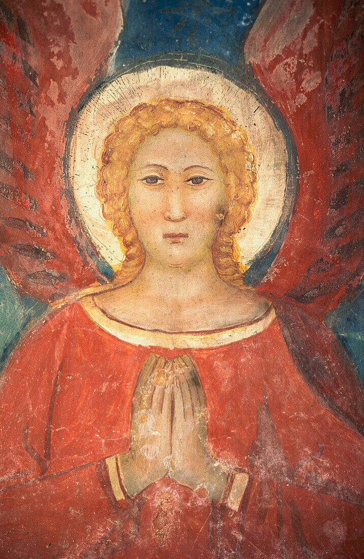 Angel (14th-15th century), detail of frescoes at the crypt of Santa Maria della Rocca church. Offida. Marche, Italy