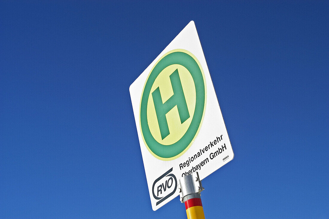 Sign RVO Regionalverkehr Oberbayern GmbH at bus stop. Bavaria. Germany