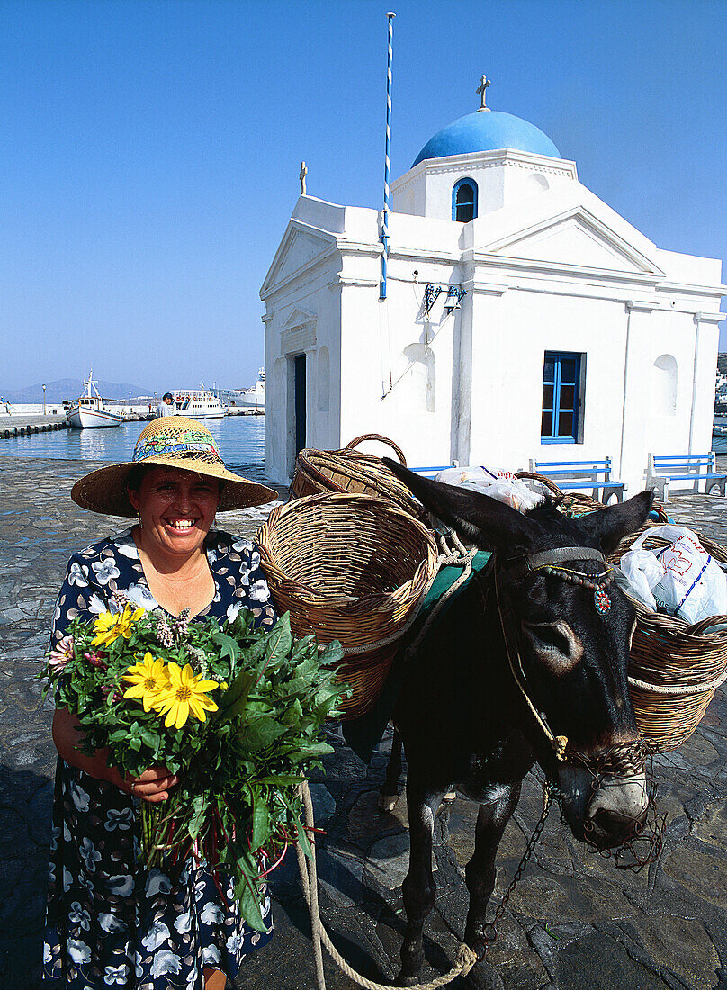 Greece, Cyclades, Mykonos, woman selling vegetables with her donkey