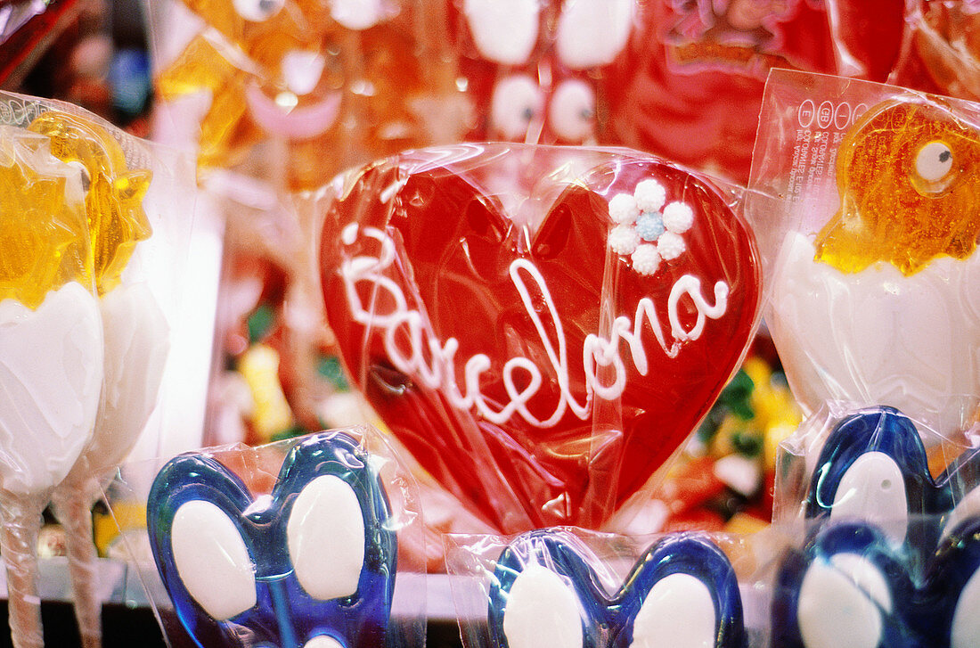 Spain, Catalunya, Barcelona. Lolly pop. Barcelona written on a heart.