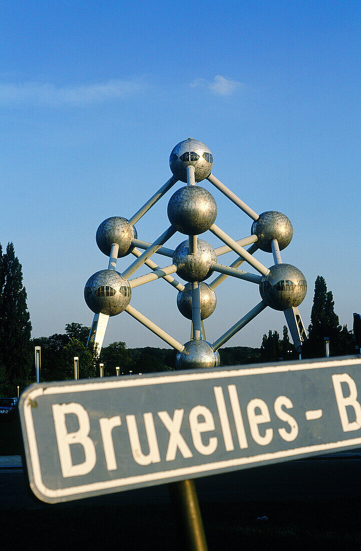 Belgium, Brussels, Atomium & road signs