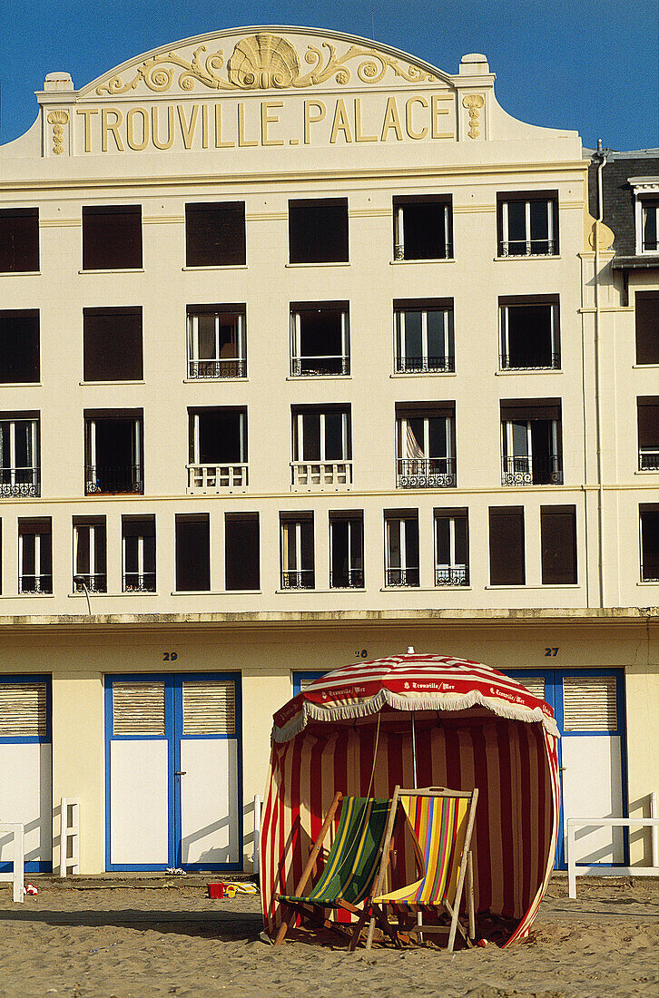 France, Normandy, Bathing Station, Deauville-Trouville, Parasols beach hut.