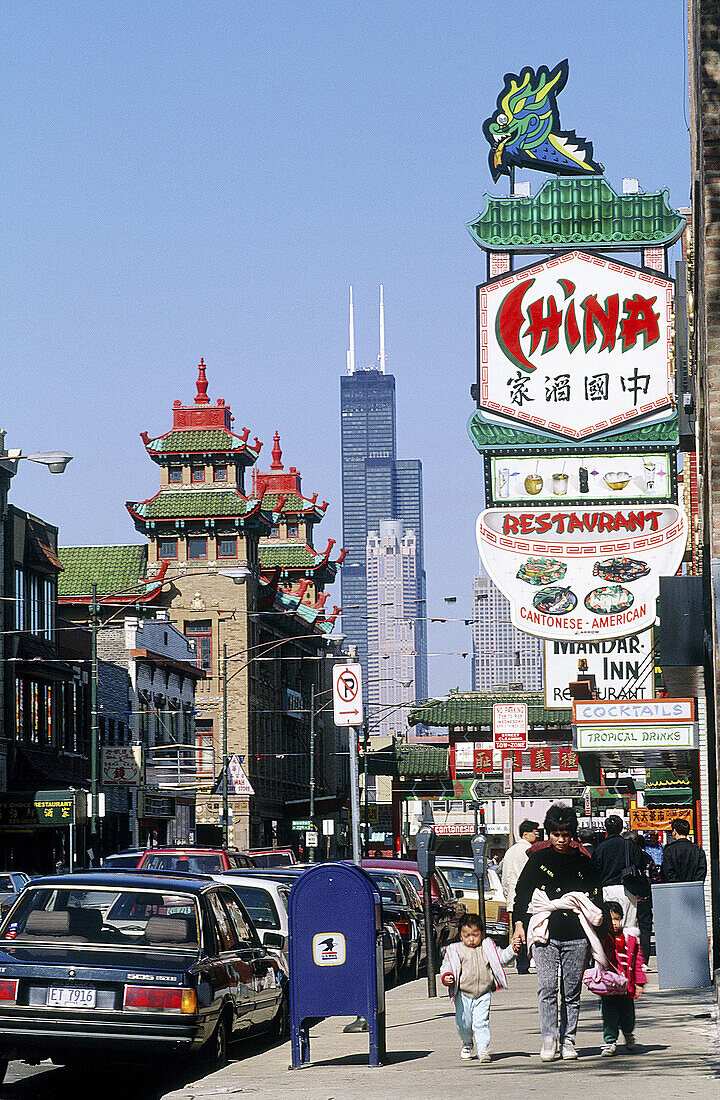 Chinatown and John Hanchock Tower in background. Chicago. Illinois, USA
