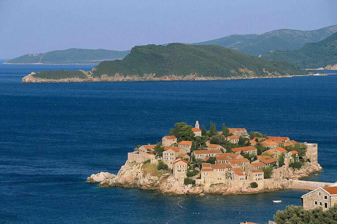 Sveti Stefan (Saint Stefan) Hotel. Budva Island. Republic of Montenegro. Adriatic sea coast, Balkan States.